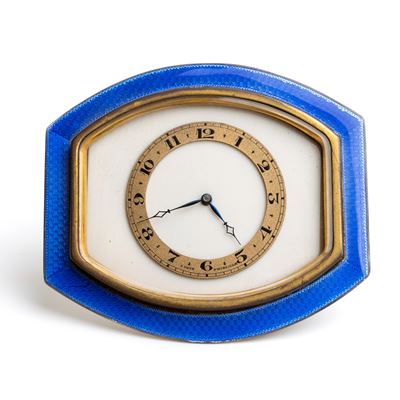 Orologio da Tavolo Art Déco in Argento e Smalto Guilloché