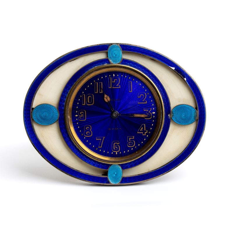 Orologio da tavolo Art Déco in argento, avorio e smalti guilloché