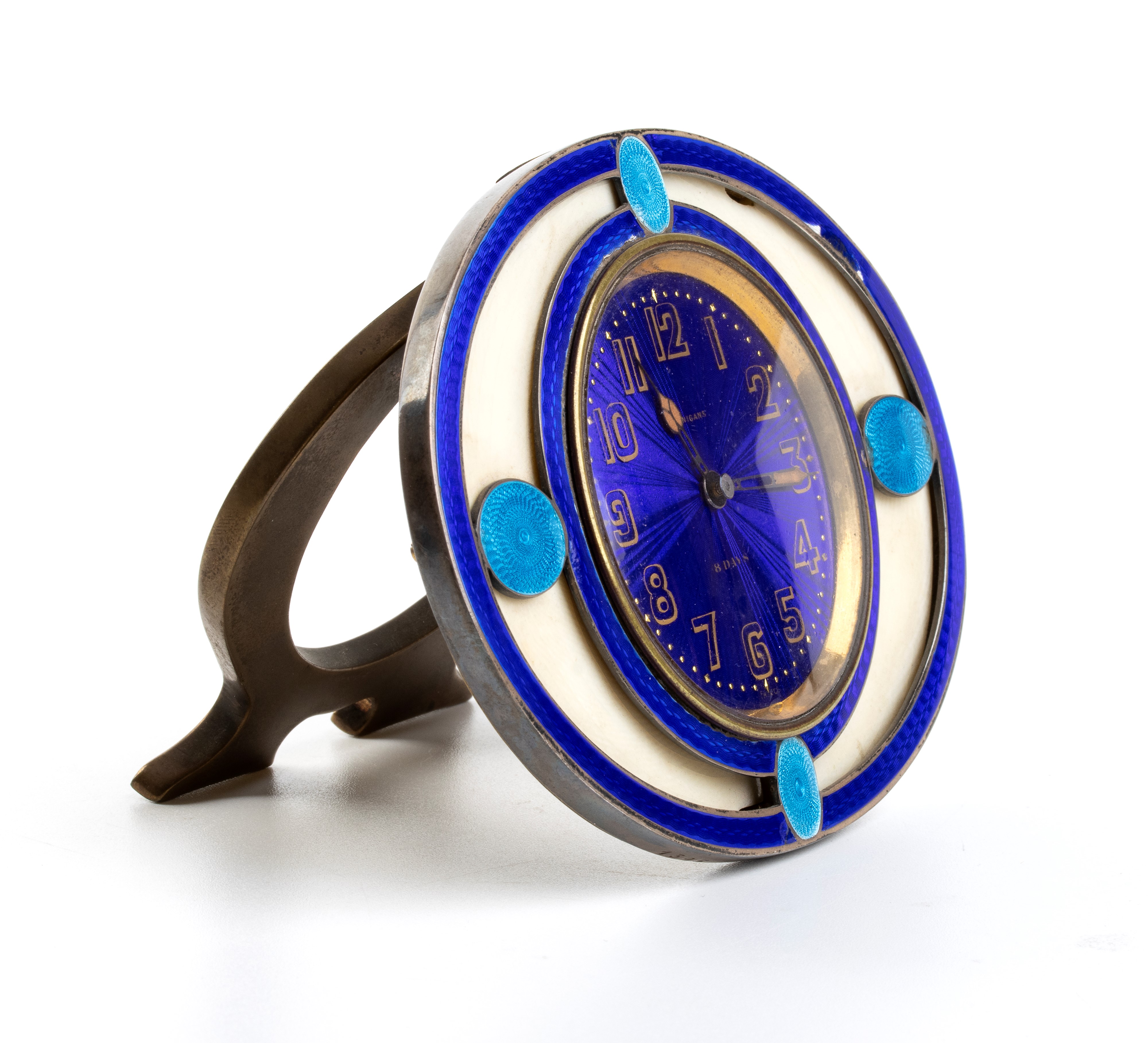 Orologio da tavolo Art Déco in argento, avorio e smalti guilloché