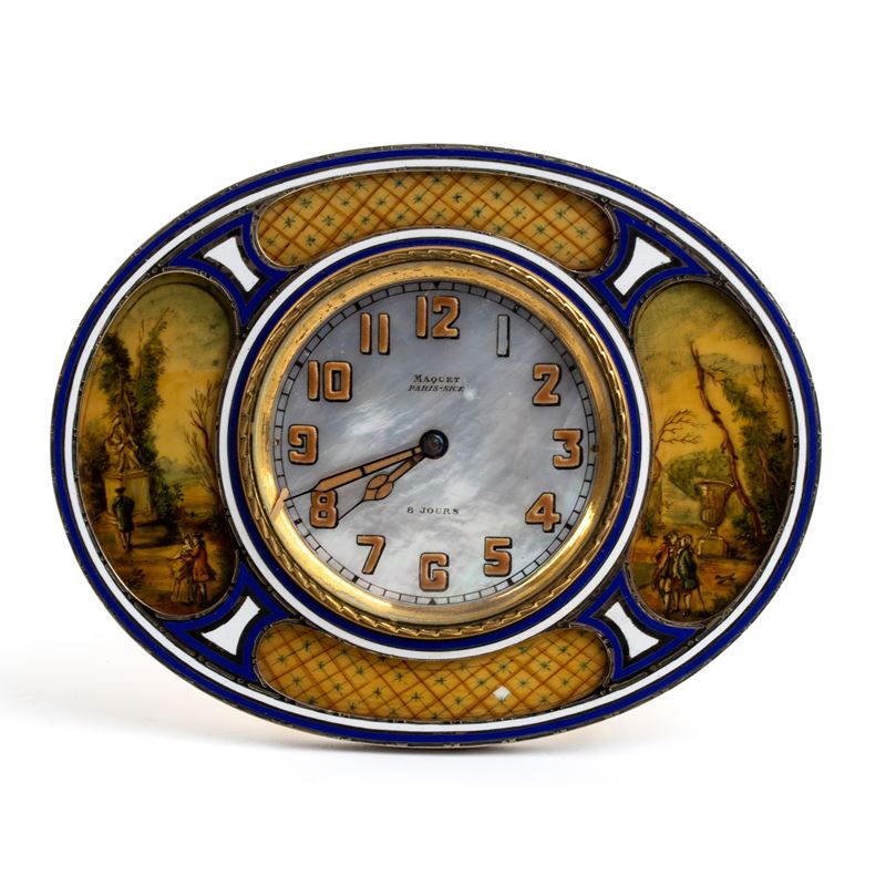 Orologio da tavolo Art Déco in argento, madreperla e smalti