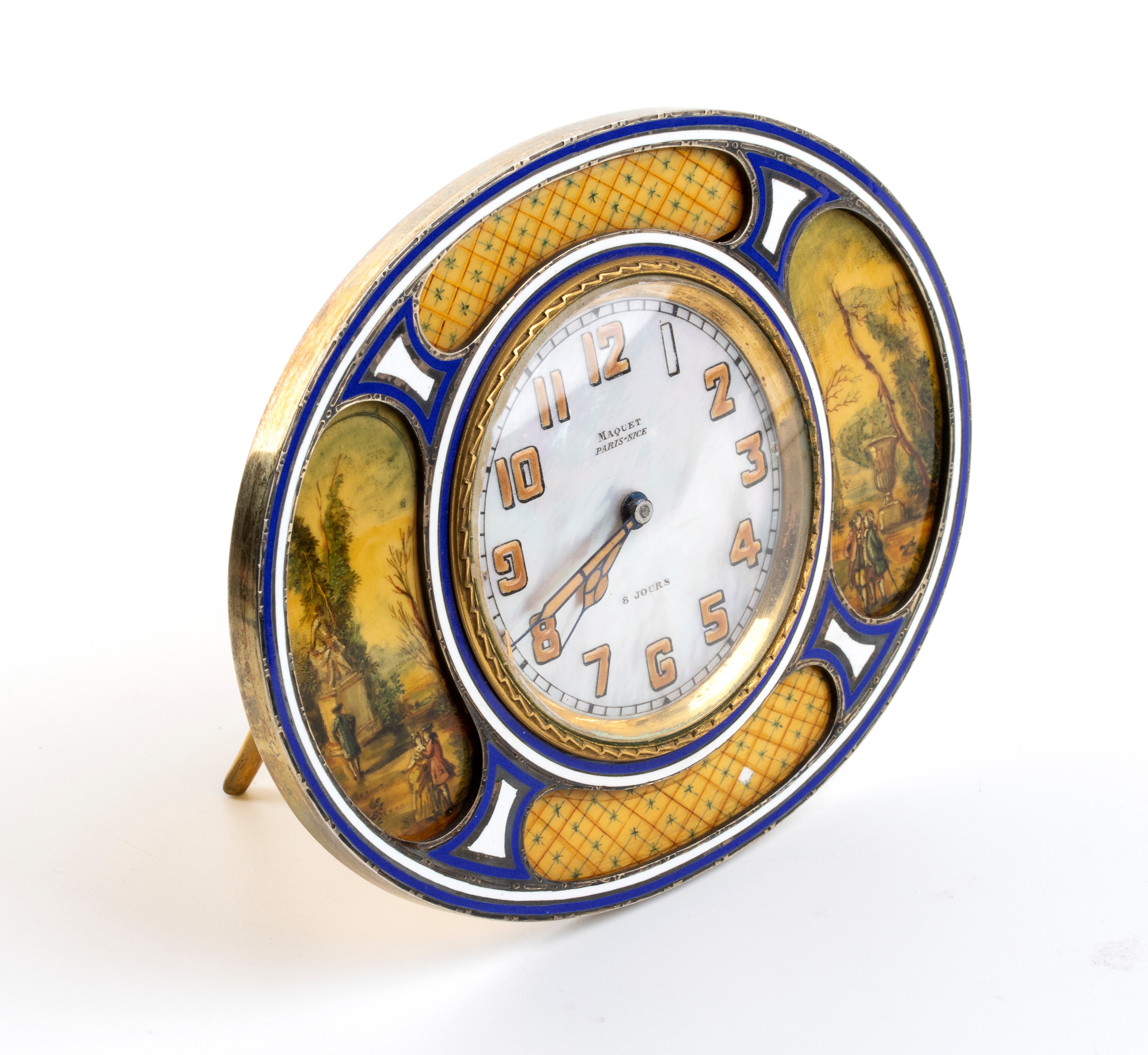 Orologio da tavolo Art Déco in argento, madreperla e smalti