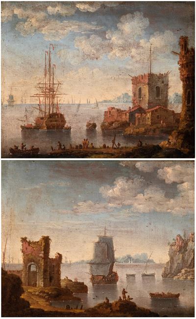 A) Marina con Vascello, Edifici e Figure; B) Marina con Vascello Ruderi e Figure. Coppia di Dipin...