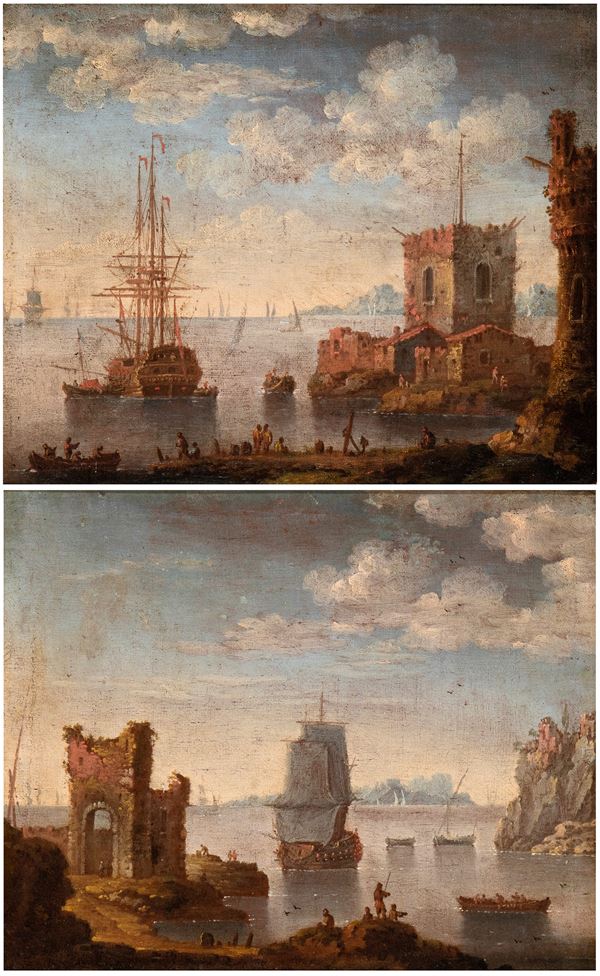 Artista attivo in Veneto, seconda met&#224; del XVII - prima met&#224; del XVIII secolo - a) Marina with vessel, buildings and figures; b) Marina with vessel ruins and figures. Pair of paintings