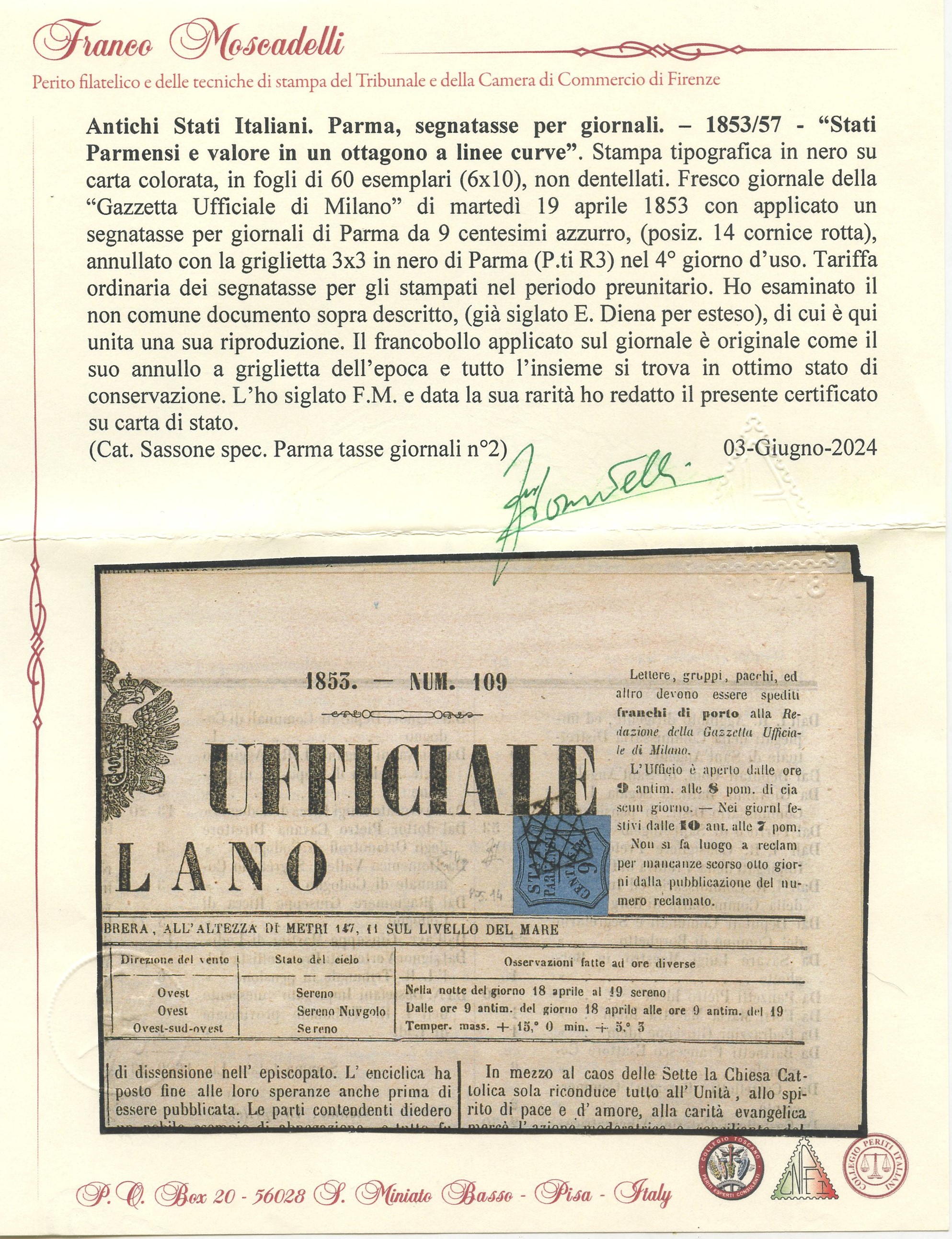 Parma/francobolli per Giornali - 4° Giorno D'uso