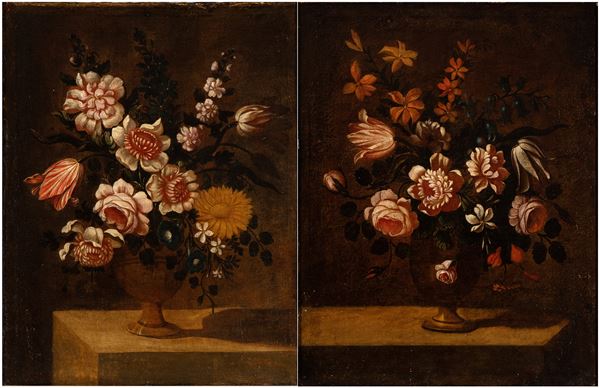 Artista attivo a Roma, XVIII secolo - a) Still life of tulips, roses and daisies; b) Still life of tulips, roses and jasmine. Pair of paintings