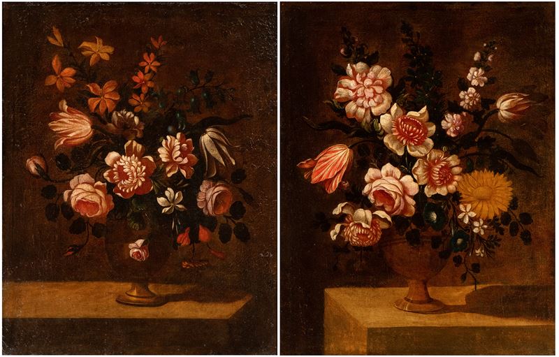 Artista Attivo a Roma, XVIII Secolo - A) Natura Morta di Tulipani, Rose e Margherite ; B) Natura ...