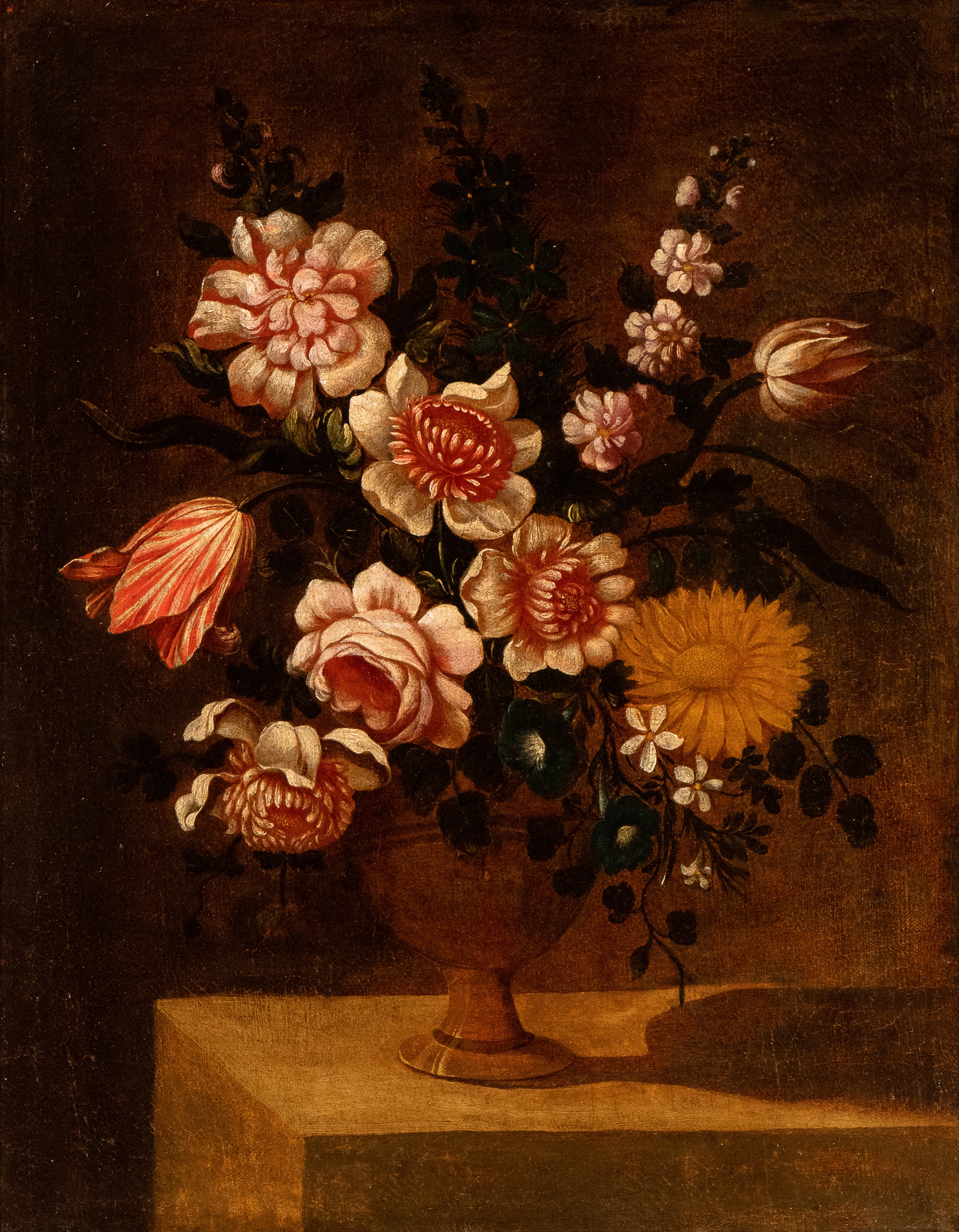 a) Natura morta di tulipani, rose e margherite ; b) natura morta di tulipani, rose e gelsomini. C...