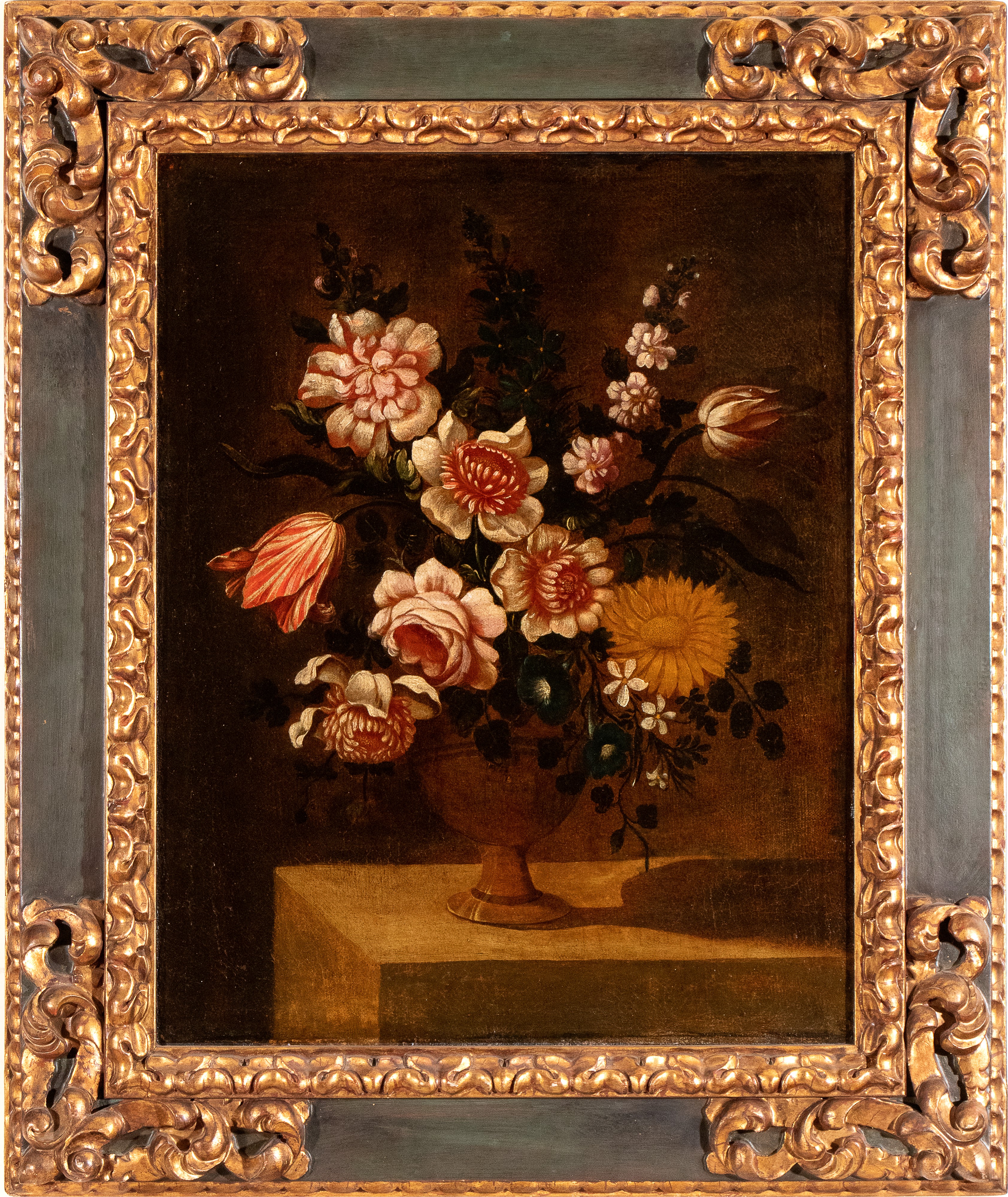 a) Natura morta di tulipani, rose e margherite ; b) natura morta di tulipani, rose e gelsomini. C...