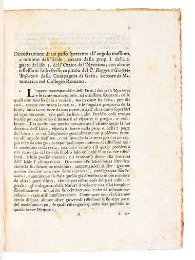 Boscovich, Ruggero G. : Riflessioni Sull'iride & Dell'ottica di Newton. Giornale De Letterati Est...