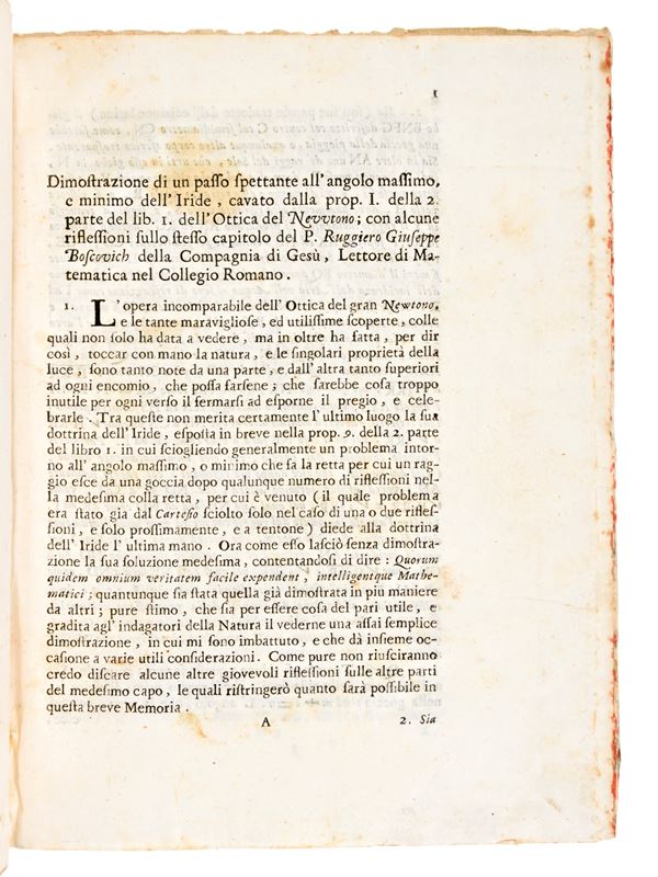 Boscovich, Ruggero G. : Riflessioni sull'Iride & dell'Ottica di Newton. Giornale de letterati estratto Roma 1747 