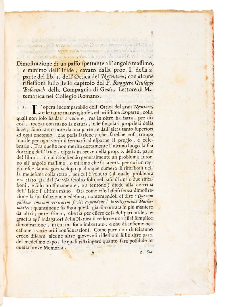Boscovich, Ruggero G. : Riflessioni Sull'iride & Dell'ottica di Newton. Giornale De Letterati Est...