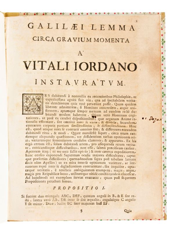 [Matematica] Giordano, Vitale : Galilaei lemma circa gravium momenta a Vitali Jordano instauratum, in Roma 1711