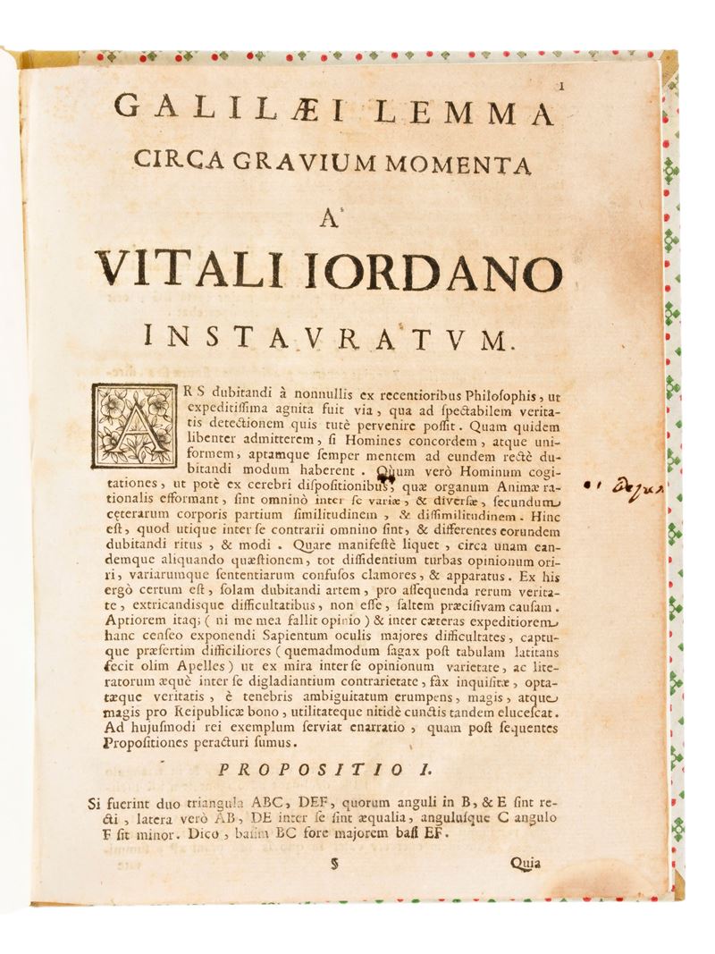 [Matematica] Giordano, Vitale : Galilaei lemma circa gravium momenta a Vitali Jordano instauratum...