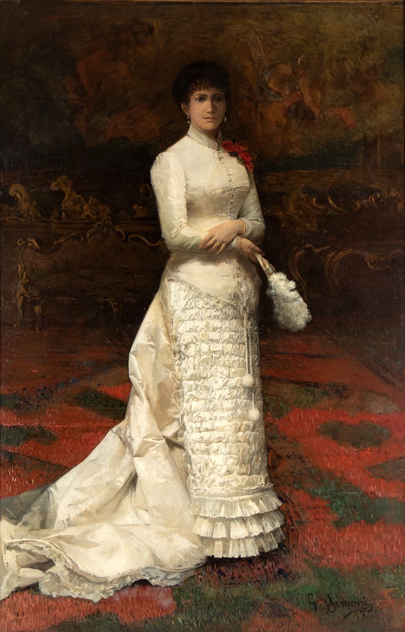 Gustavo Simoni - Ritratto Femminile in Abito Elegante