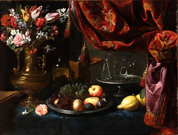 Pier Francesco Cittadini - Still life of flowers, fruits, crystals and brocades