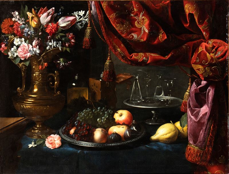 Pier Francesco Cittadini - Natura Morta di Fiori, Frutti, Cristalli e Broccati