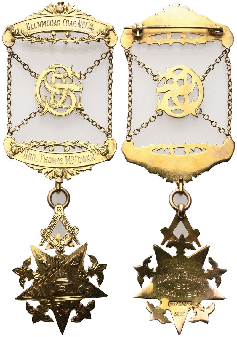 Spilla con Medaglia Interamente in Oro "glenmorag Chap. N° 174", Bro. Thomas Mccowan, 1962 (34,7 ...