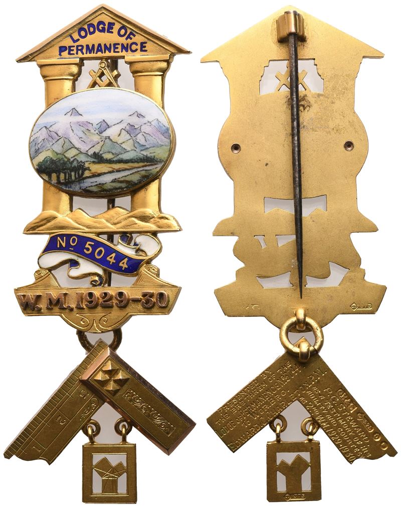 Spilla "Lodge Of Permanence" N° 5044 - W. M. 1929-30, AU E Smalti (31 x 80 mm)