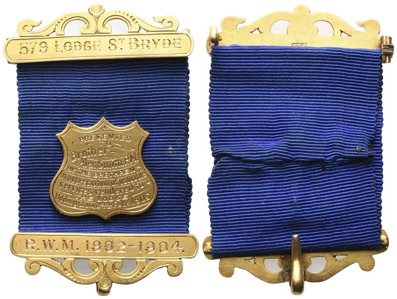 Medaglia 579 "lodge St. Bryde" R. W. M. 1902 - 1904, Au (36 X 55,5 MM)