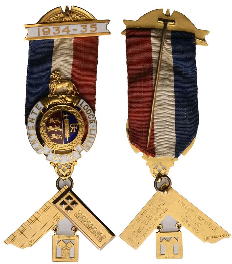 Medaglia Entente Lodge Lille N° 18, 1934-35, AU E Smalti (48,5 x 107 mm)