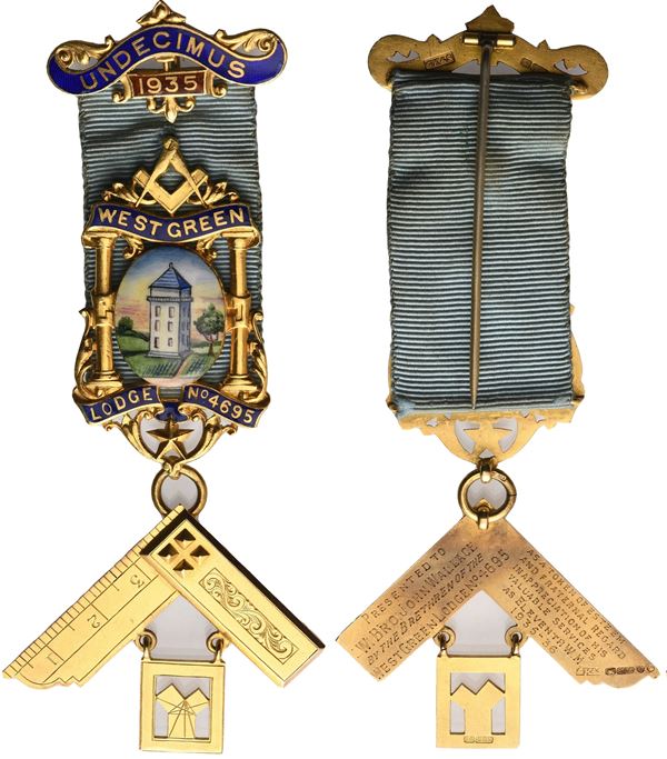 Medaglia "West Green Lodge N° 4695", UNDECIMUS 1935, AU Smalti E Miniatura (47 x 107 mm)