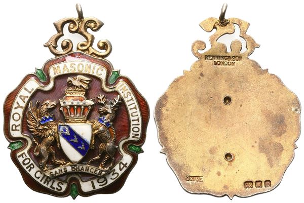 Medaglia Royal Masonic Benevolent Institution For Girls, "Sans Changer", 1934, AG E Smalti (35,8 mm) 