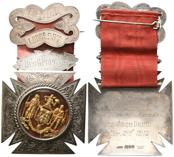 Medaglia U. A. O. D. LODGE 957 - BRO G. POPE P. A., 1910, AG (56,4 x 106,7 mm) 
