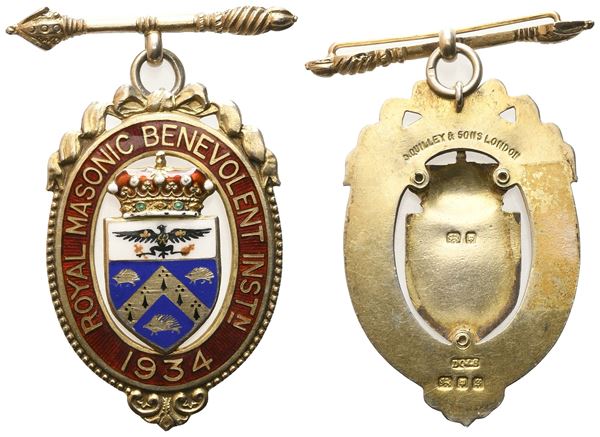 Medaglia Royal Masonic Benevolent Inst_n 1934, AG E Smalti (34 x 58,8 mm)