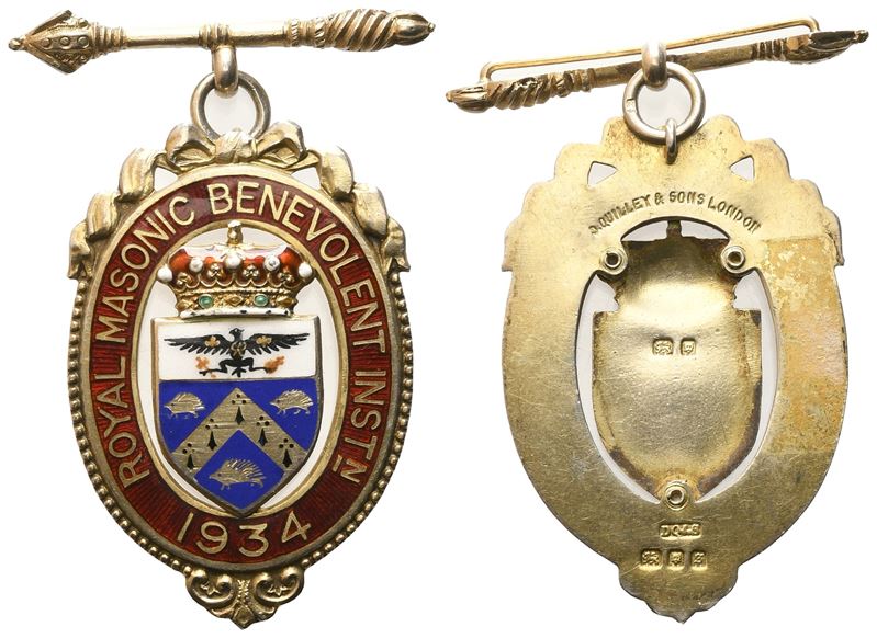 Medaglia Royal Masonic Benevolent Inst_n 1934, Ag e Smalti (34 X 58,8 MM)