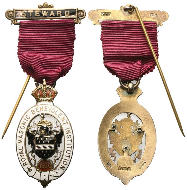 Medaglia Royal Masonic Benevolent Institution - 1920, Steward, AG E Smalti (26 x 83 mm)