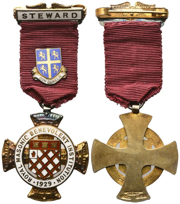 Medaglia Royal Masonic Benevolent Institution - 1929, Steward, Com Dunelm, AG E Smalti (37,8 x 85,8 mm)