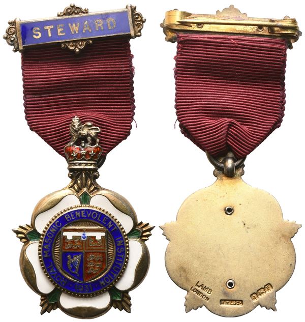 Medaglia Royal Masonic Benevolent Institution - 1931, Steward, AG E Smalti (34,3 x 73,3 mm)