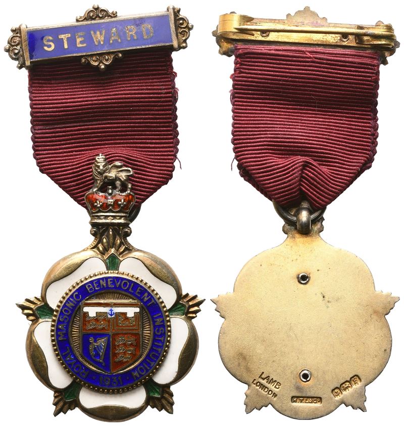 Medaglia Royal Masonic Benevolent Institution - 1931, Steward, Ag e Smalti (34,3 X 73,3 MM)