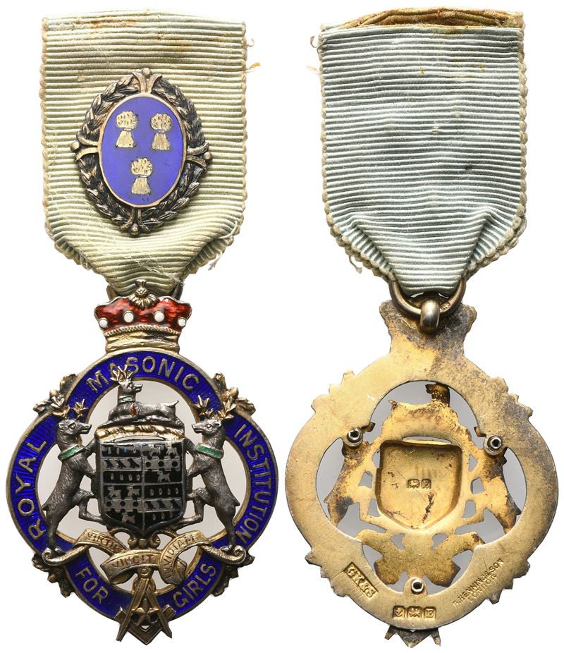 Medaglia Royal Masonic Institution For Girls, "virtus Vincit Invidiam", 1930, Ag e Smalti (35 X 8...