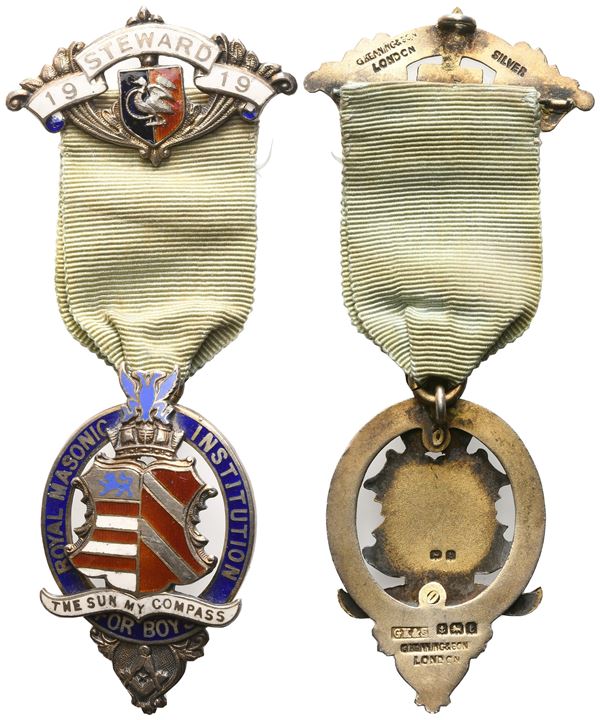 Medaglia Royal Masonic Institution For Boys, "The Sun My Compass", Steward 1919, AG E Smalti (29 x 93,2 mm)