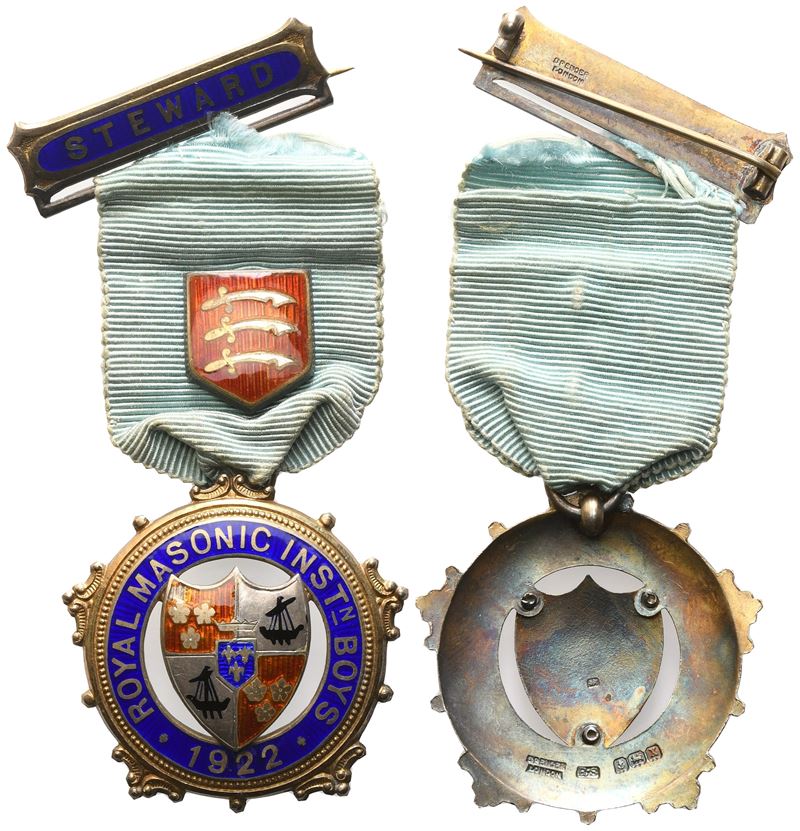 Medaglia Royal Masonic Inst_n Boys 1922, Steward, Ag e Smalti (39 X 82,3 MM)