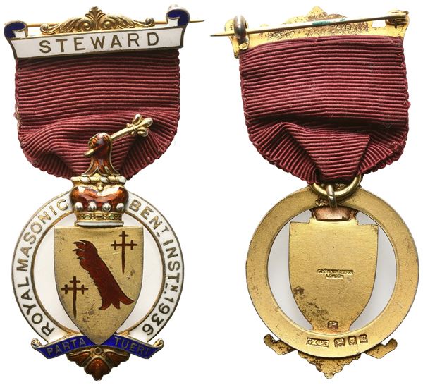 Medaglia Royal Masonic Ben_t Inst_n. 1936, "Parta Tueri", Steward, AG E Smalti (33,4 x 73 mm)