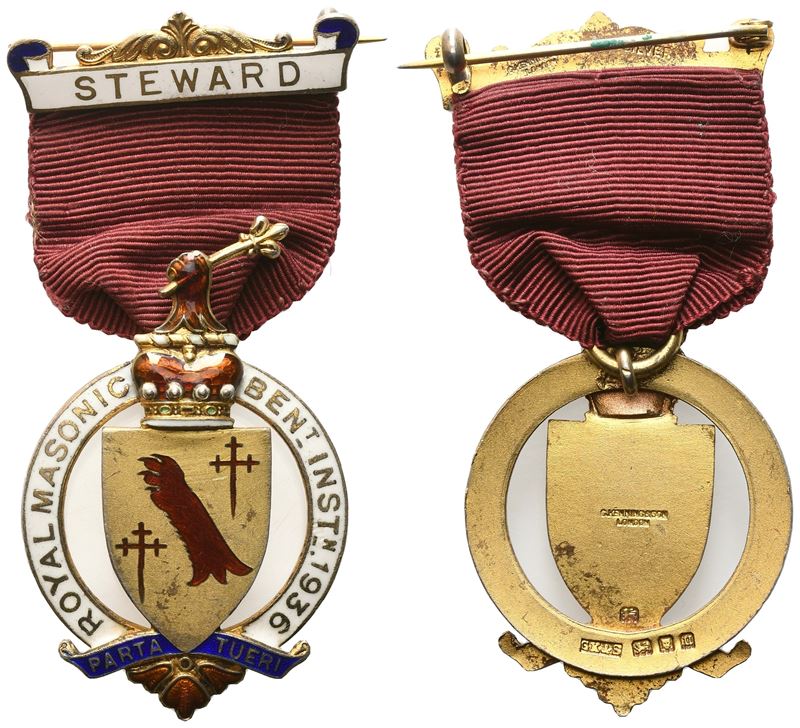 Medaglia Royal Masonic Ben_t Inst_n. 1936, "parta Tueri", Steward, Ag e Smalti (33,4 X 73 MM)