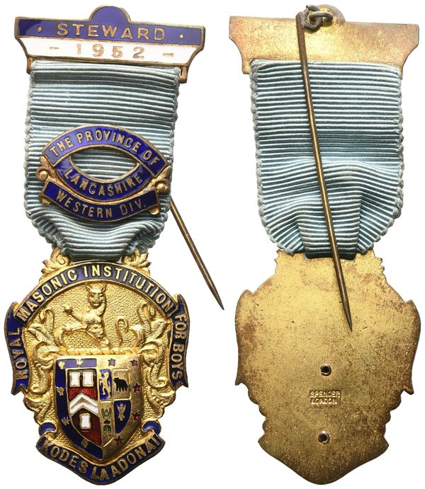 Medaglia Royal Masonic Institution For Boys, "Kodes La Adonai", Steward 1952 - The Province Of Lancashire Western Div., AG E Smalti (32,8 x 84,3 mm)  - Asta MASSONICA  Medaglie, Distintivi e Gioielli di Loggia  dai primi dell'800 al tardo ‘900 - Bertolami Fine Art - Casa d'Aste