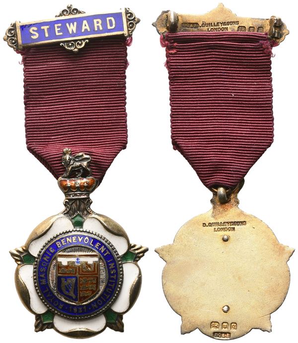 Medaglia Royal Masonic Benevolent Institution - 1931, Steward, AG E Smalti (34,7 x 81,9 mm)