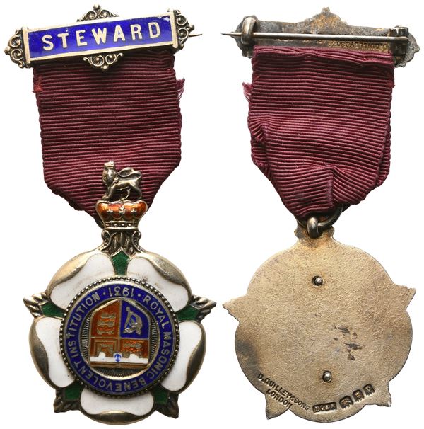 Medaglia Royal Masonic Benevolent Institution - 1931, Steward, AG E Smalti (34,7 x 73 mm)