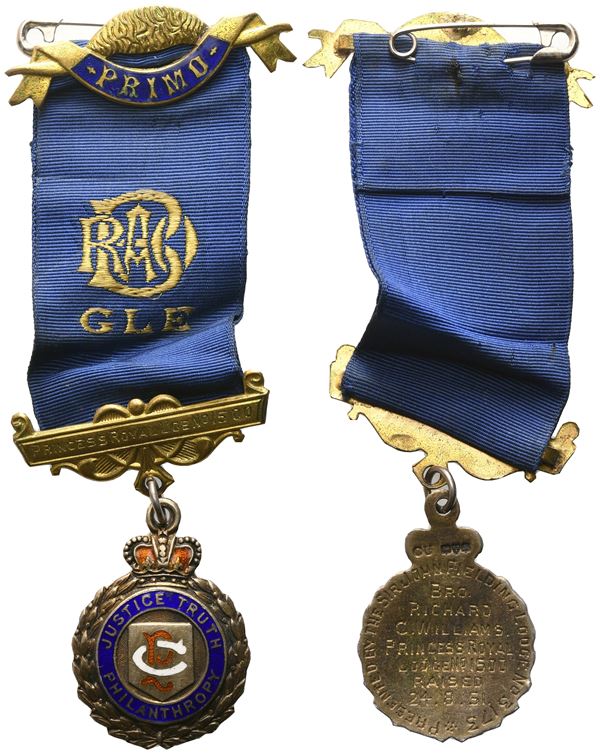 Medaglia "Justice truth Philanthropy", Primo, G L E, Princess Royal L'ge N° 1500, 1951, AG E Smalti (27,4 x 121 mm)