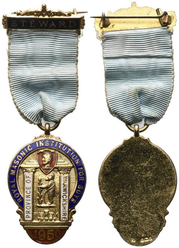 Medaglia Royal Masonic Institution For Boys, 1950, "Province Of Warwickshire", Steward, AG E Smalti (30,3 x 94 mm)