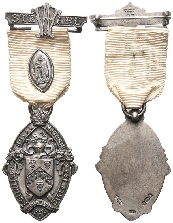 Medaglia Royal Masonic Institution For Girls - 1935, "Patior Ut Potior", Steward, AG (31,4 x 86,6 mm)