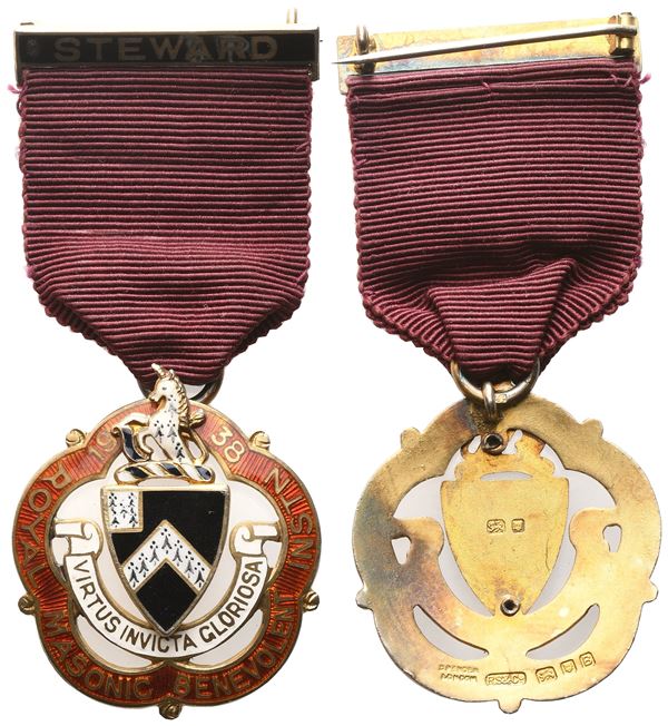 Medaglia Royal Masonic Benevolent Instn 1938, "Virtus Invicta Gloriosa", Steward, AG E Smalti (33,8 x 76,1 mm)