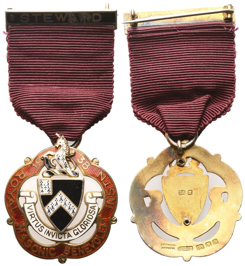 Medaglia Royal Masonic Benevolent Instn 1938, "virtus Invicta Gloriosa", Steward, Ag e Smalti (33...