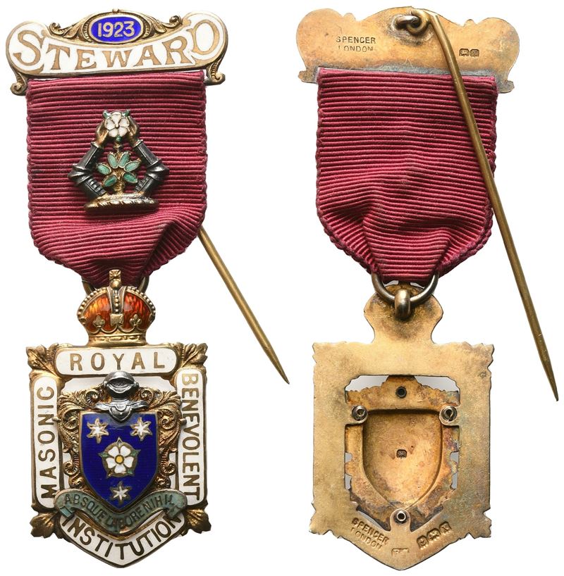 Medaglia Masonic Royal Benevolent Institution, "absque Labore Nihil", 1923 - Steward, Ag e Smalti...