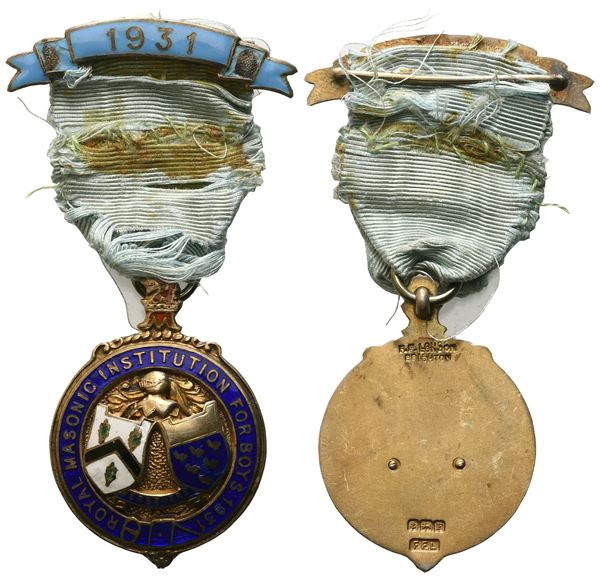 Medaglia Royal Masonic Institution For Boys - 1931, "Persevere", 1931, AG E Smalti (32,7 x 83,6 mm)