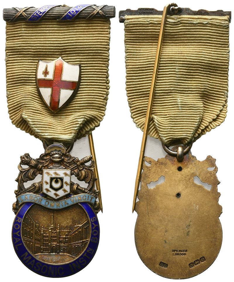 Medaglia Royal Masonic Inst_n Boys, "labor Omnia Vincit", Steward 1914, Ag e Smalti (27,3 X 83 MM...