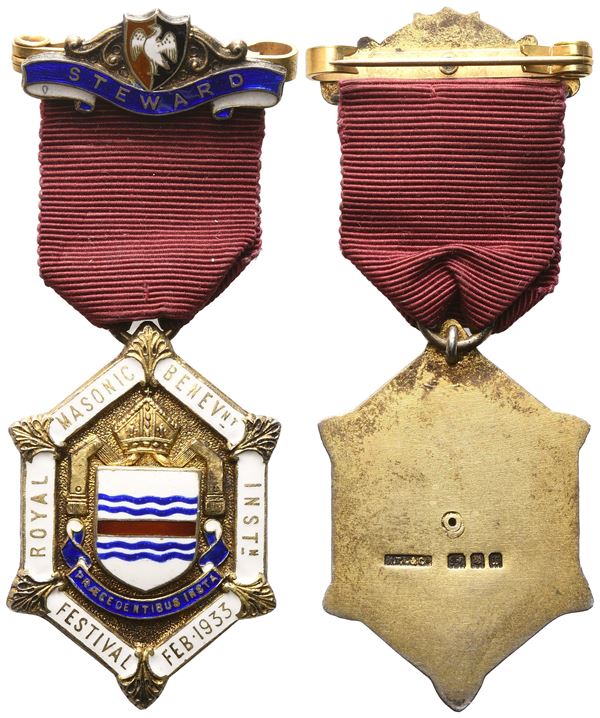 Medaglia Royal Masonic Benev_nt Inst_n Festival Feb. 1933, "Praecedentibus Insta", Steward, AG E Smalti (31,5 x 79 mm)